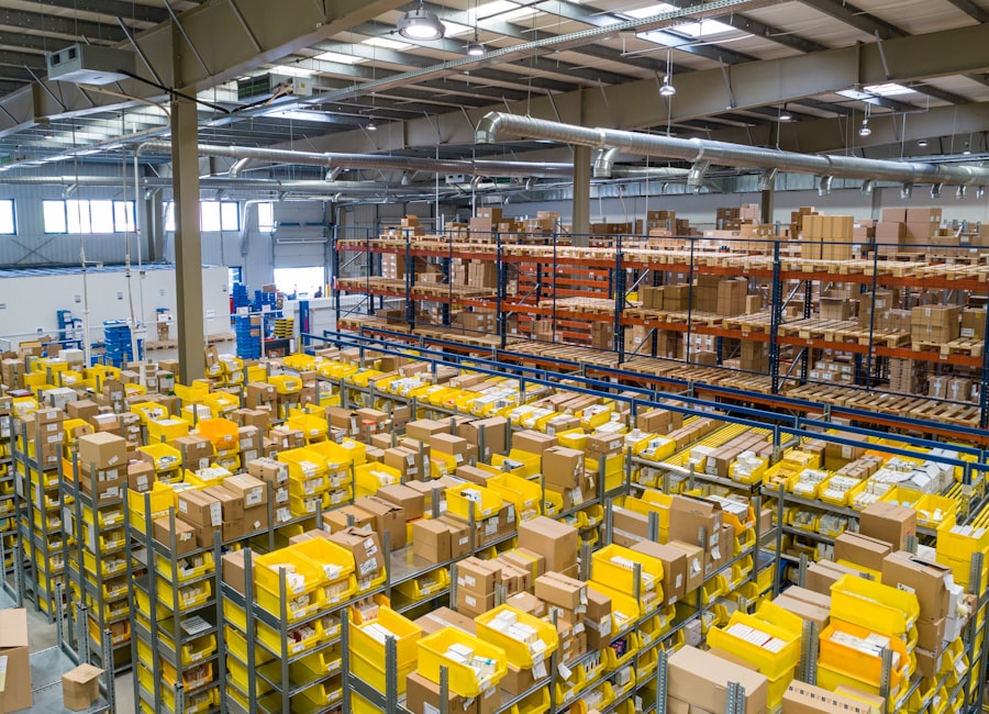 Inventory management — organized warehouse shelving with packaged stock